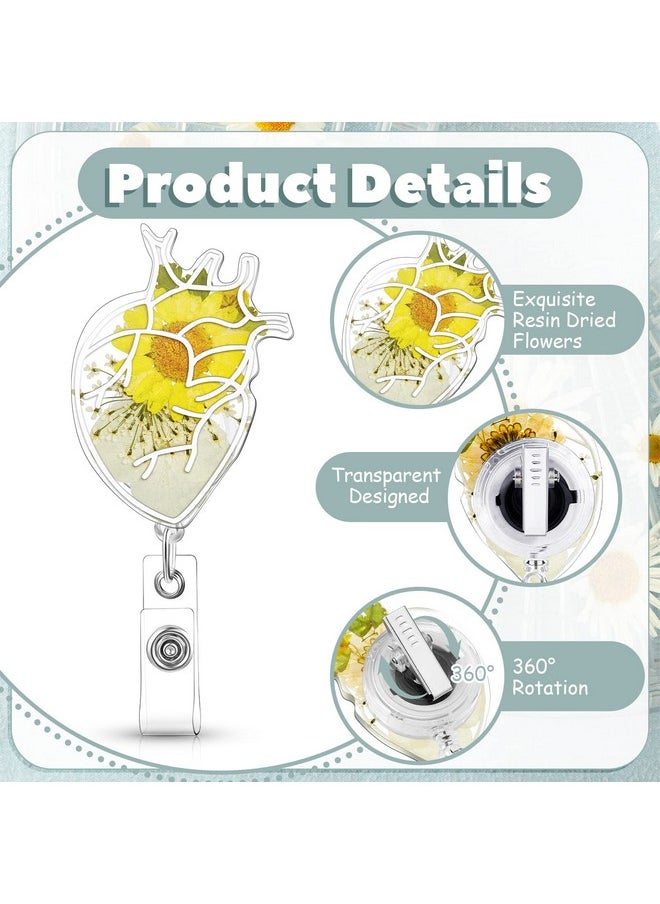 Leinuosen 3 Pcs Flower Badge Reel Holders Nurses Day Gift Uterus Tooth Kidney Lung Shape Dried Flower Resin Badge Reel Doctor Badge Clip Retractable Badge Clip For Nurse Doctor Student(Heart)  - Image 3