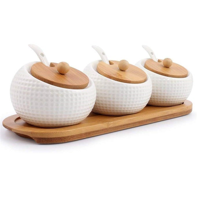 PORCELAIN CONDIMENT JAR SET SPICE JARS WITH BAMBOO LIDS AND SPOON WOODEN TRAY 170 ML 58 OZ USED TO STORE TEA SPICES COFFEE SET OF 3 WHITE