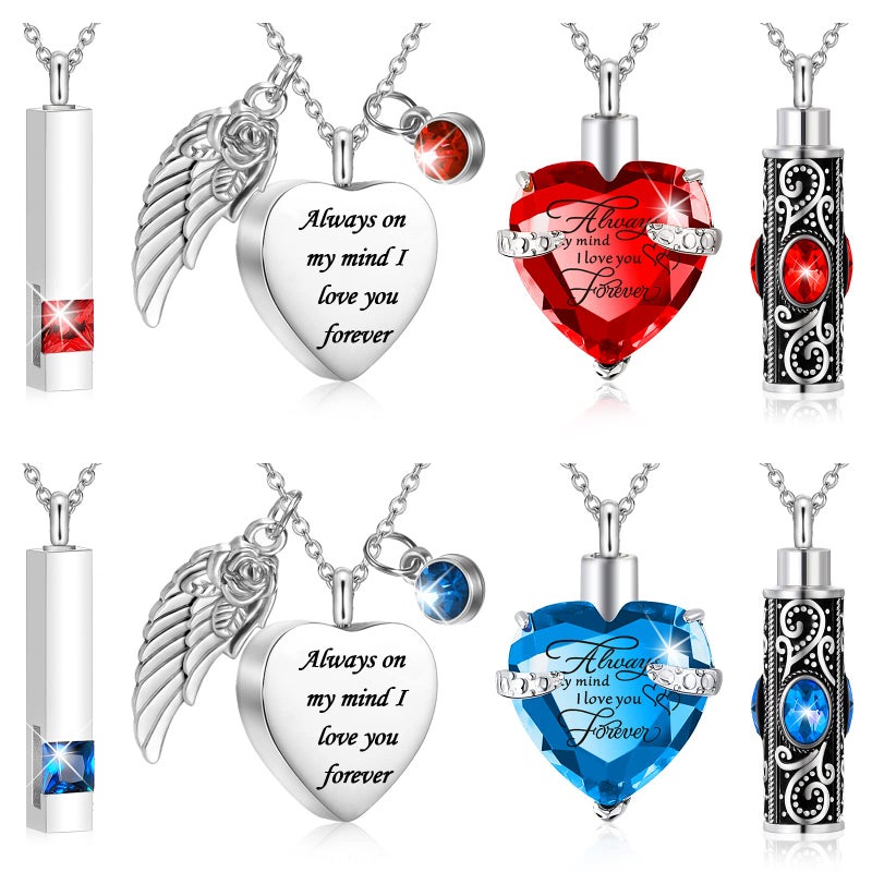 Fumete 8 Pieces Urn Necklace for Ashes Cremation Jewelry Ashes of Loved Ones Keepsake Urns Pendant Necklace for Women MenLight Blue Red