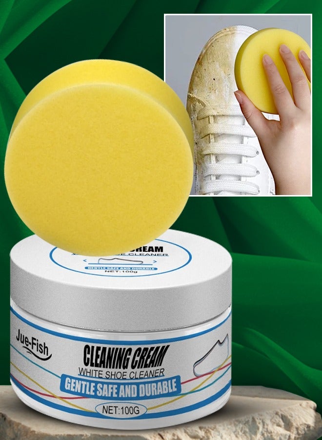 JUE-FISH Cleaning Cream White Shoe Cleaner 100g Shoe Whitener Cream with Cleaner Sponge White Shoe Stains Remover Long Lasting Dustproof Shoes Cleaning  - Image 1