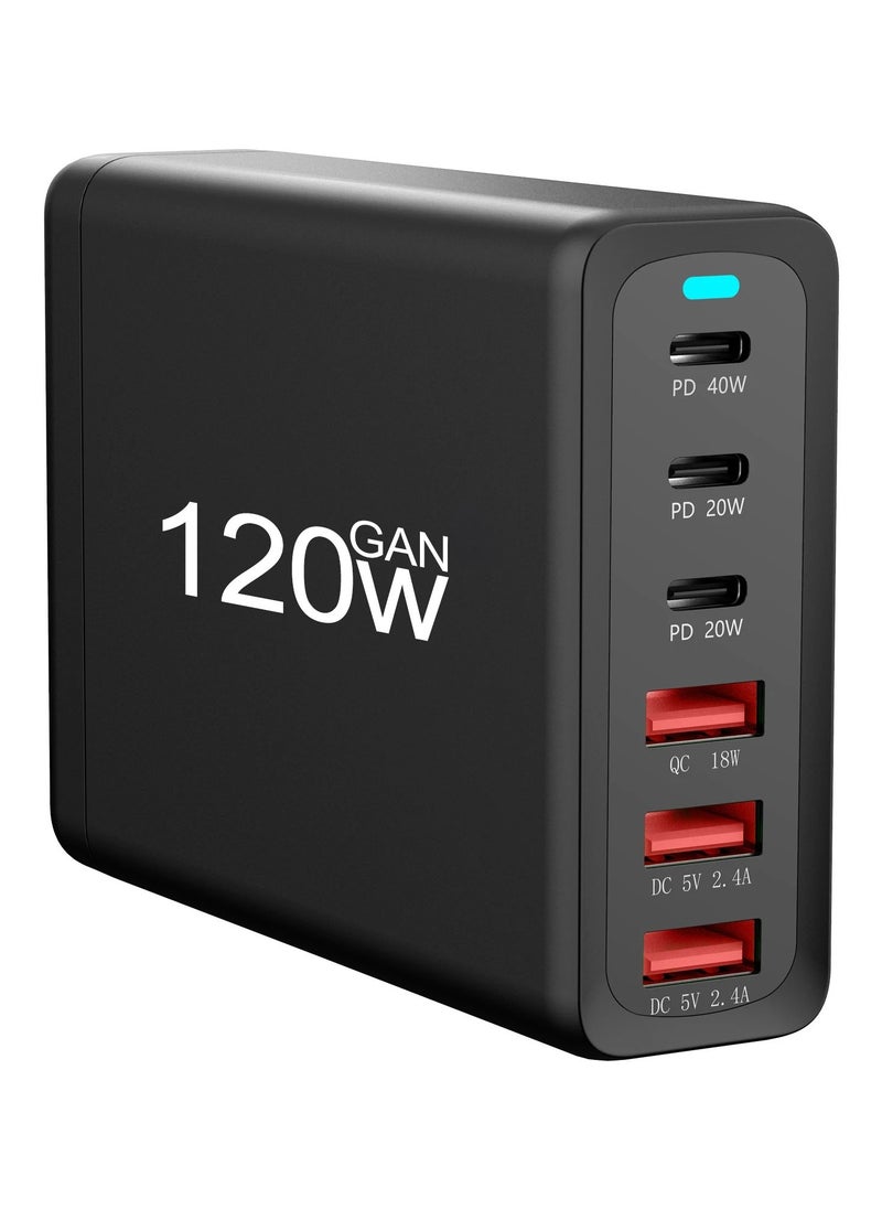 SP - USB C Charging Station 120W GaN Compact 6 Port USB C Charging Station, Portable USB C Wall Charger Adapter 3 PD USB C and 1 QC 2 USB A Port Suitable for All iPad iPhone 14 13 12 11 Pro Max Galaxy - Image 1