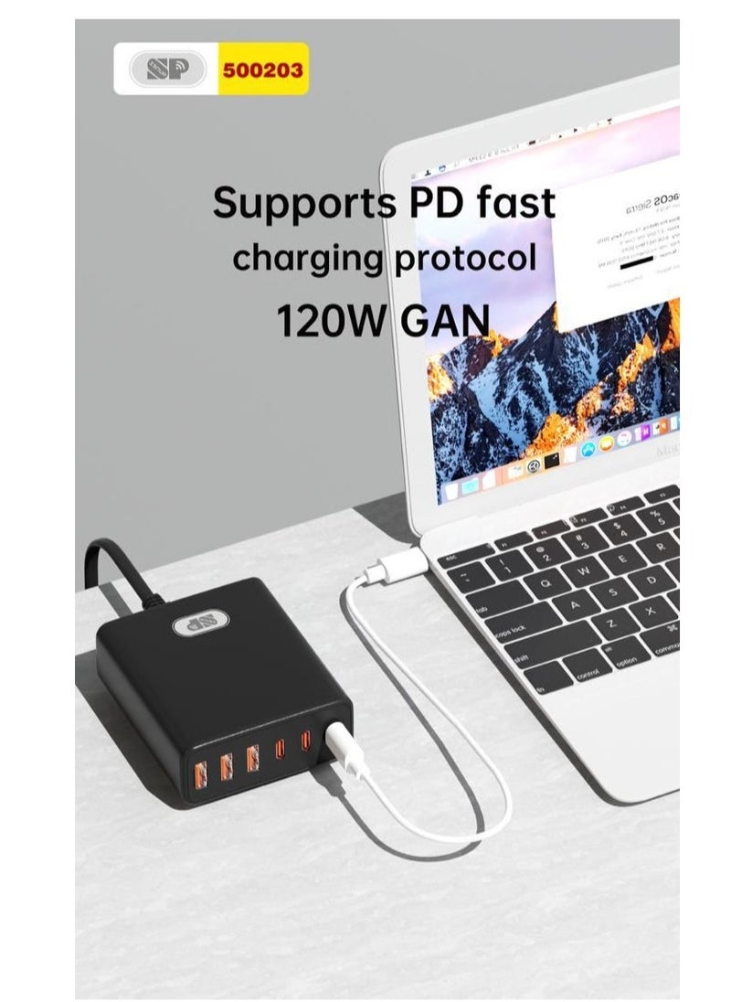 SP - USB C Charging Station 120W GaN Compact 6 Port USB C Charging Station, Portable USB C Wall Charger Adapter 3 PD USB C and 1 QC 2 USB A Port Suitable for All iPad iPhone 14 13 12 11 Pro Max Galaxy - Image 1