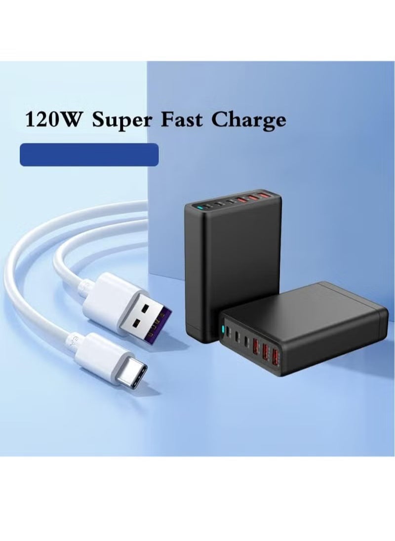 SP - USB C Charging Station 120W GaN Compact 6 Port USB C Charging Station, Portable USB C Wall Charger Adapter 3 PD USB C and 1 QC 2 USB A Port Suitable for All iPad iPhone 14 13 12 11 Pro Max Galaxy - Image 1