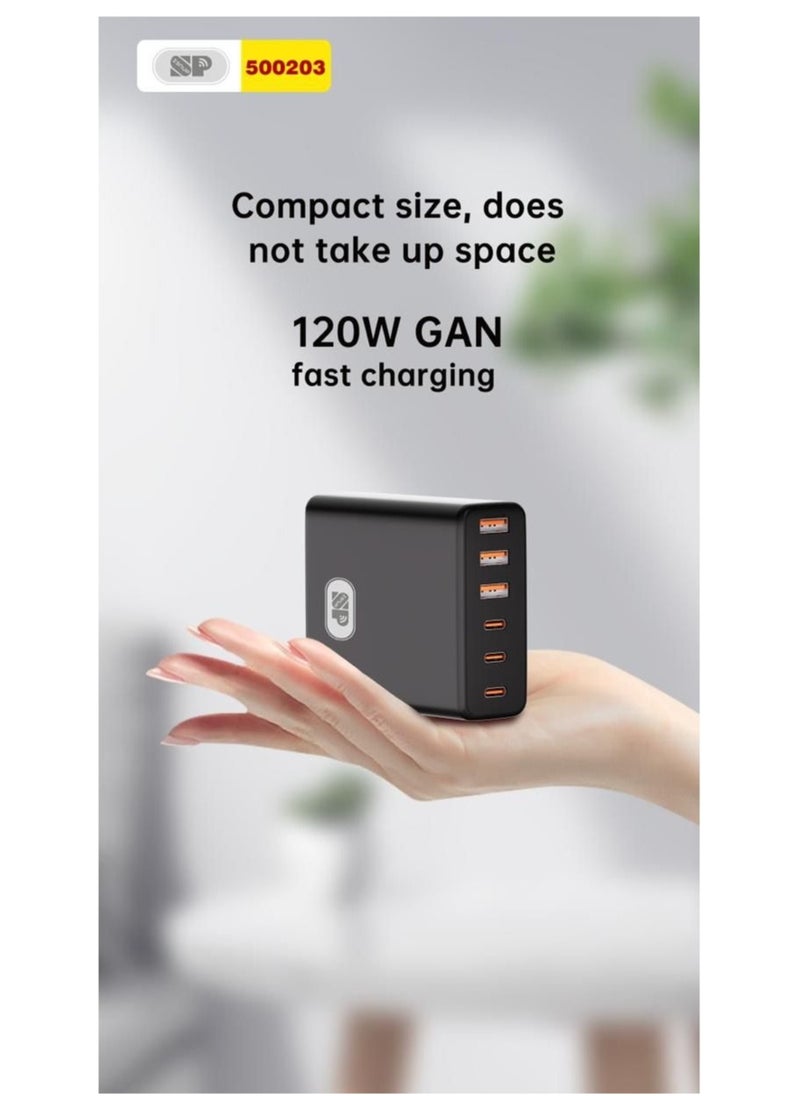 SP - USB C Charging Station 120W GaN Compact 6 Port USB C Charging Station, Portable USB C Wall Charger Adapter 3 PD USB C and 1 QC 2 USB A Port Suitable for All iPad iPhone 14 13 12 11 Pro Max Galaxy - Image 1