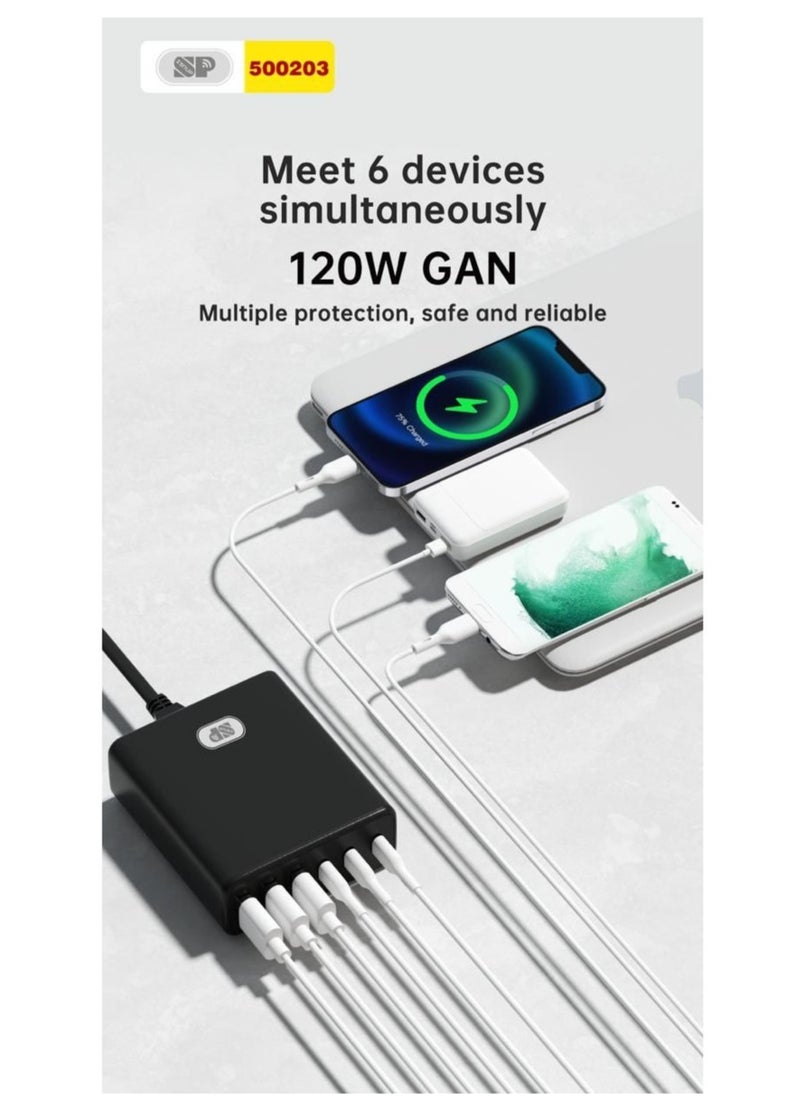 SP - USB C Charging Station 120W GaN Compact 6 Port USB C Charging Station, Portable USB C Wall Charger Adapter 3 PD USB C and 1 QC 2 USB A Port Suitable for All iPad iPhone 14 13 12 11 Pro Max Galaxy - Image 1