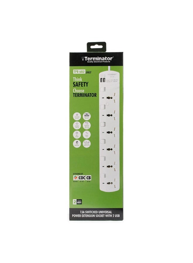 Terminator Extension 6 WAY /3M Universal Socket W/2 USB Sockets & Indicators TPB 6AU DCL & ESMA Approved Terminator  - Image 3