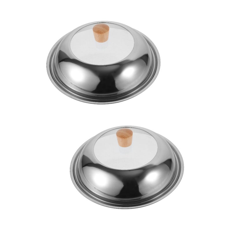 2 Sets Stainless Steel Lid Pot Metal Lid Covering Reusable Pot Lid Multipurpose Lid with Wood Handle - Image 1