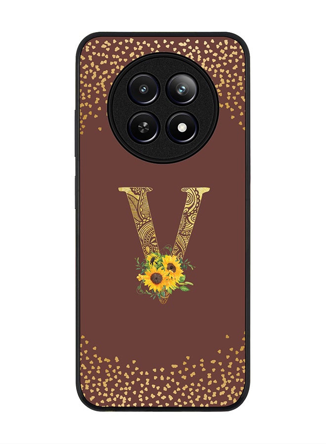 Stylizedd Rugged Black edge case for Realme 12 / Realme 12x, Slim fit Case Flexible Cover - Custom Monogram Initial Letter Floral Pattern Alphabet - V (Brown ) - Image 1