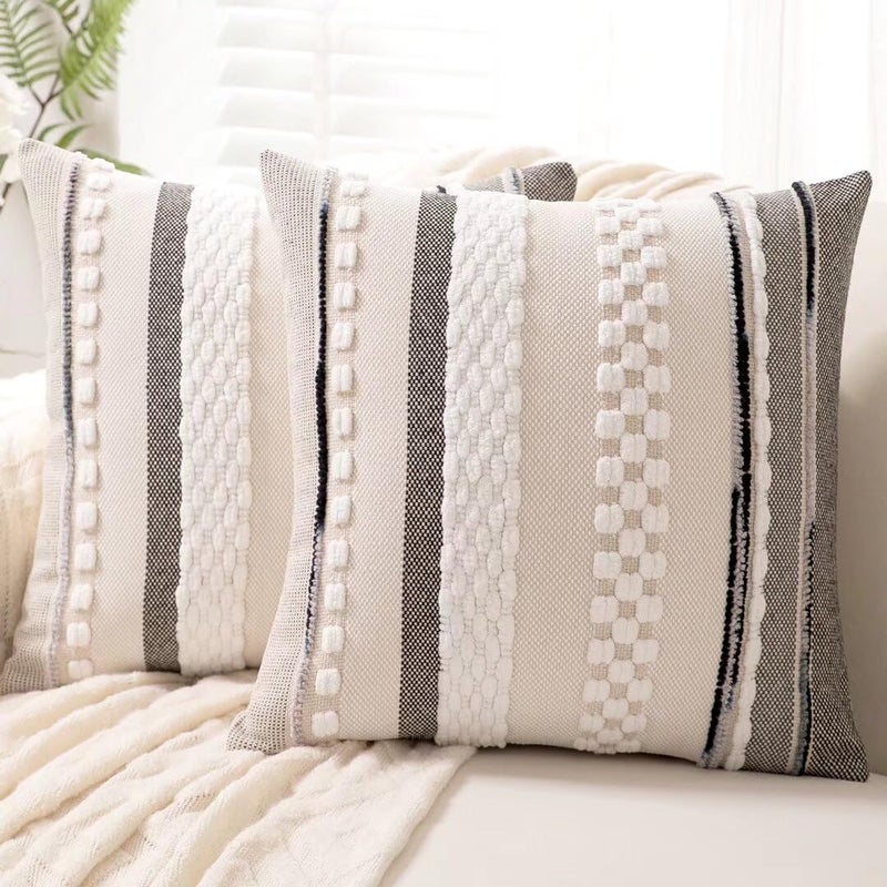 WANLIRD Boho Throw Pillow Covers 18x18 Set of 2 Farmhouse Decorative Cushion Case Striped Square Pillows Cover Chenille Pillow Cases Accent Neutral Pillowcase for Sofa Couch BedWhite