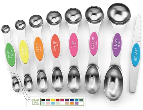 Spring Chef Stainless Steel Magnetic Measuring Spoons Set of 8 with Leveler, Nesting Metal Teaspoon & Tablespoon Measuring Spoons, Kitchen Gadgets for Baking & Cooking, Fits in Most Spice Jars - Neon - Image 1