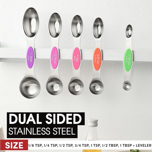 Spring Chef Stainless Steel Magnetic Measuring Spoons Set of 8 with Leveler, Nesting Metal Teaspoon & Tablespoon Measuring Spoons, Kitchen Gadgets for Baking & Cooking, Fits in Most Spice Jars - Neon - Image 3
