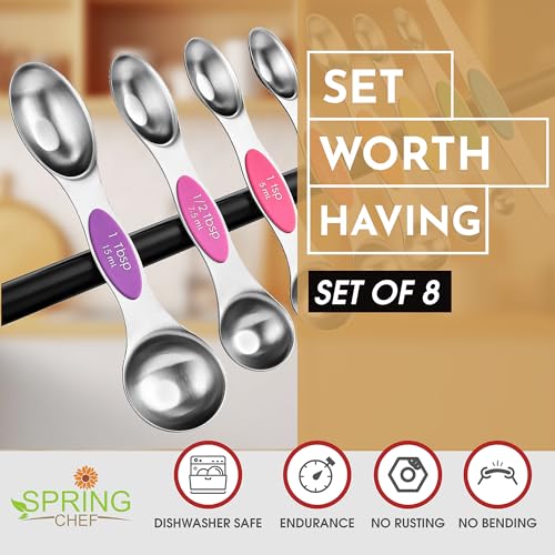 Spring Chef Stainless Steel Magnetic Measuring Spoons Set of 8 with Leveler, Nesting Metal Teaspoon & Tablespoon Measuring Spoons, Kitchen Gadgets for Baking & Cooking, Fits in Most Spice Jars - Neon - Image 2
