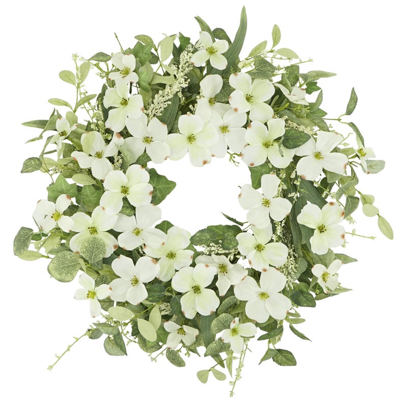 YNYLCHMX 18 Spring Summer Wreaths for Front Door Artificial Floral Wreath with White Phalaenopsis Green Eucalyptus Leaves Green Foliage Wreath for Wall Window Farmhouse Party Holiday Home Decor - Image 2