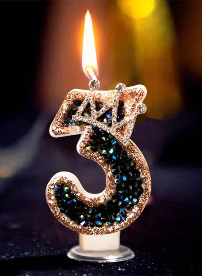 Ssovi Royal Crown Number [3] Birthday Candle, 3D Glitter Black & Gold Rhinestone Cake Topper with Holder, Smokeless Single Metallic Decoration for Party & Anniversary - 1 Piece - Image 1