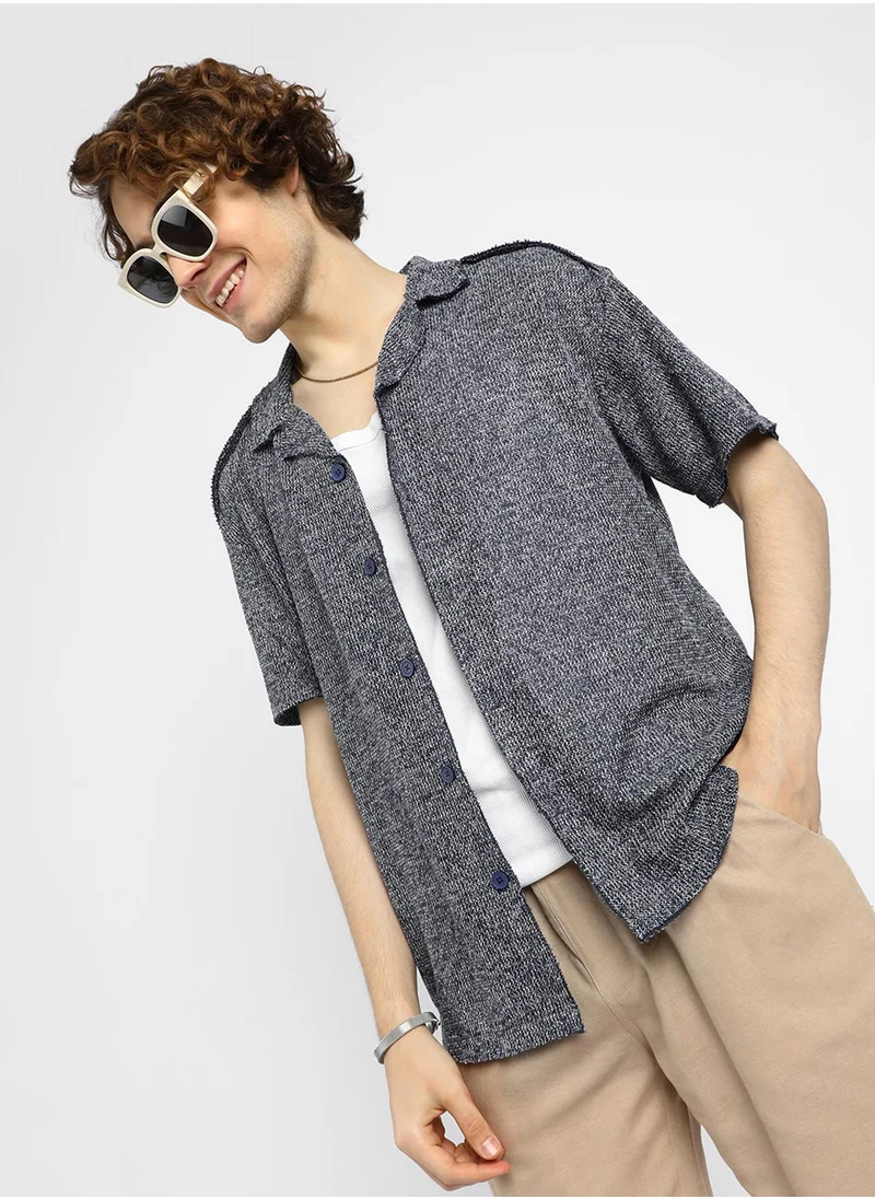 Campus Sutra Men's Navy Blue Unhemmed Oversized Shirt
