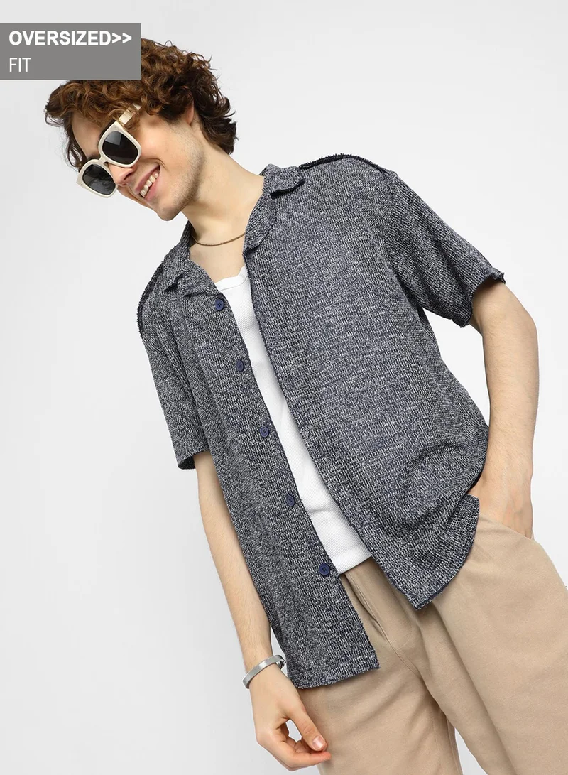 Campus Sutra Men's Navy Blue Unhemmed Oversized Shirt