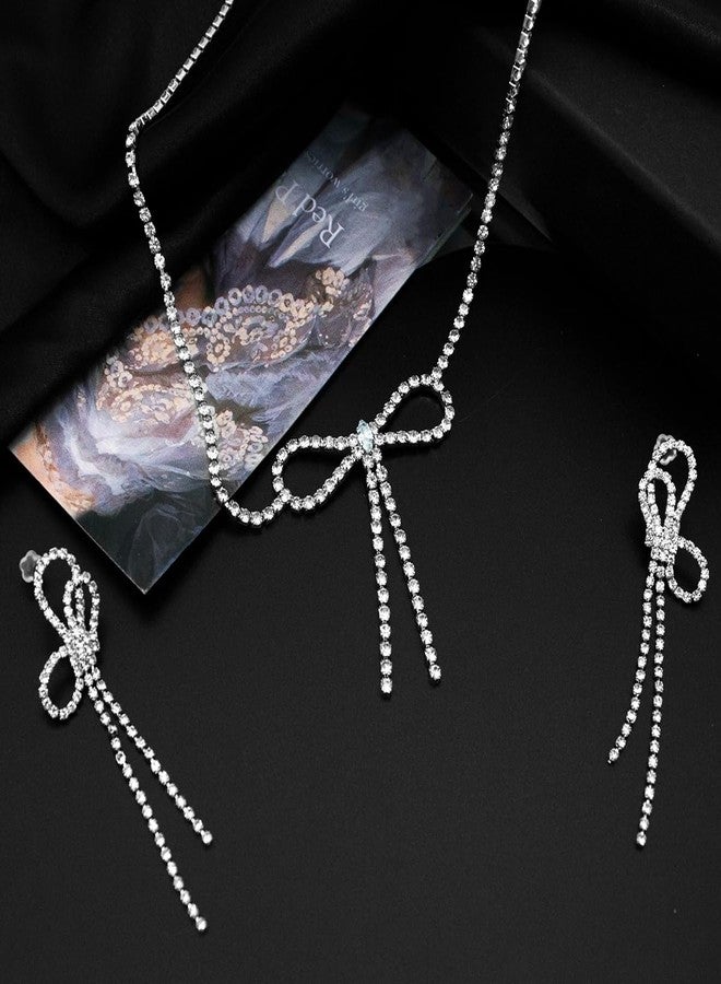yfstyle Bow Jewelry Set Rhinestone Bow Earrings and Necklace Set Rhinestone Jewelry Set - Image 2