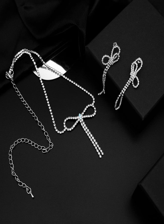 yfstyle Bow Jewelry Set Rhinestone Bow Earrings and Necklace Set Rhinestone Jewelry Set - Image 4