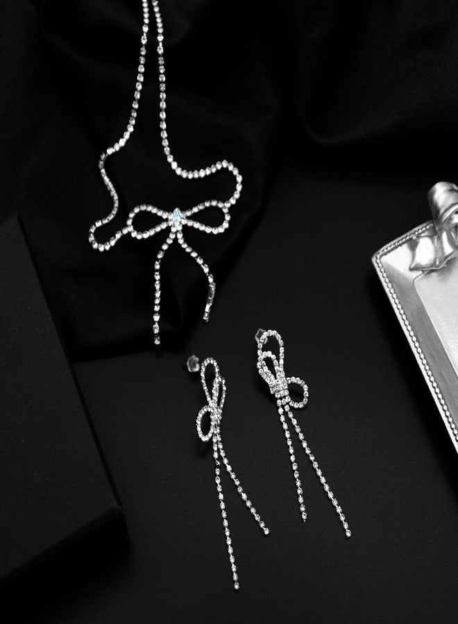 yfstyle Bow Jewelry Set Rhinestone Bow Earrings and Necklace Set Rhinestone Jewelry Set - Image 3