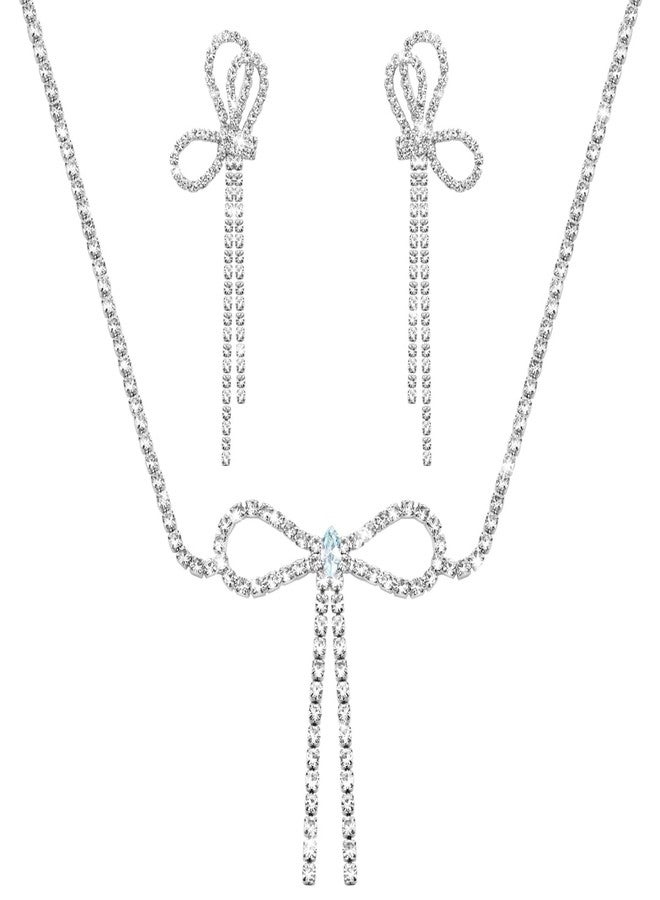 yfstyle Bow Jewelry Set Rhinestone Bow Earrings and Necklace Set Rhinestone Jewelry Set - Image 1
