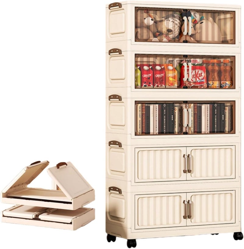 Lullaxx Foldable Storage Box With Lid, 5-Layer Wheeled Storage Cabinet, Magnetic Double Doors, Foldable Book And Toy Storage Box, Foldable Wardrobe Storage Rack, Dimensions 62X27X124.5cm - Image 1