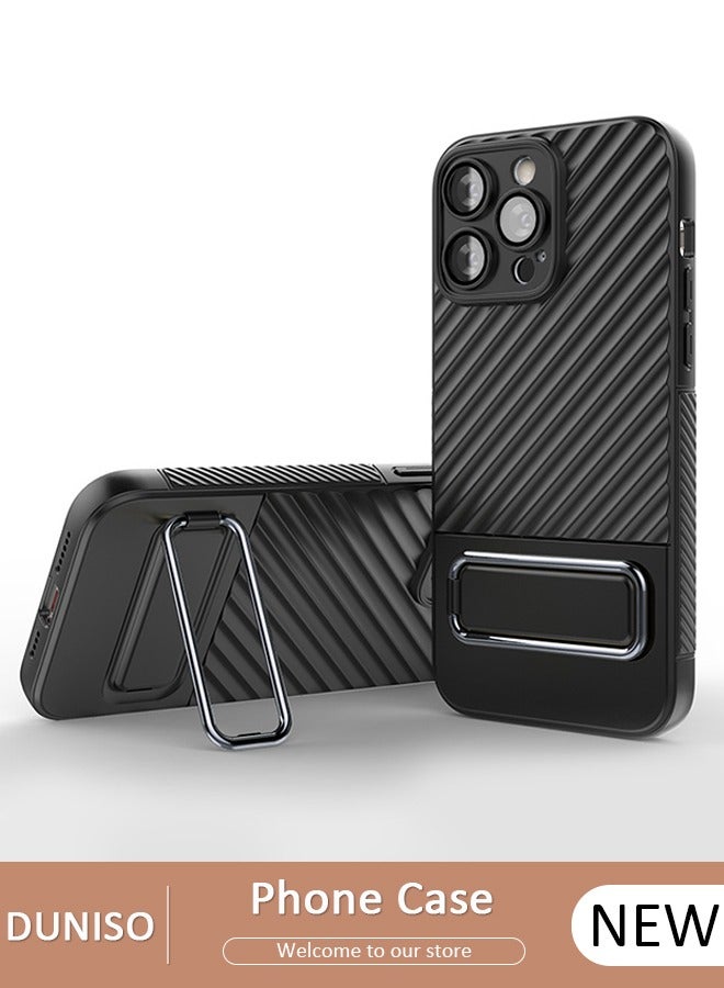 DUNISO جراب هاتف iPhone 14 Pro Max مقاس 6.7 بوصة مبطن بطبقة من الفرو الناعم مع عدسة واقية مضادة للسقوط ومضادة لبصمات الأصابع وشحن لاسلكي مع حامل هاتف لهاتف Apple 14 ProMax 5G، جراب أسود - Image 1