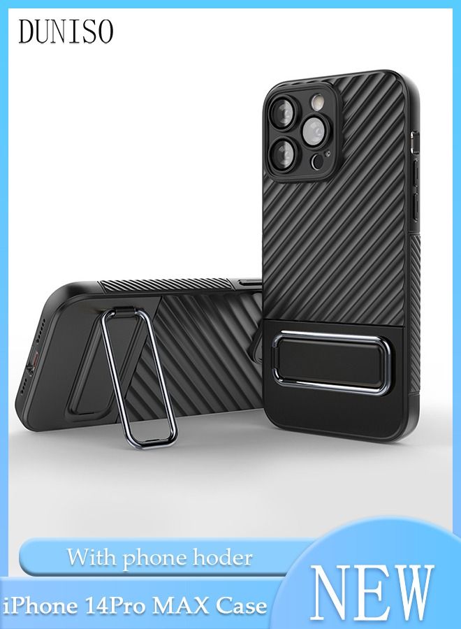 DUNISO iPhone 14 Pro Max Phone Case 6.7" Softable Flock Lining Protective Lens Anti-fall Anti-fingerprint Wireless Charge Phone Cover With Phone Holder for Apple 14 ProMax 5G Phone case Black - Image 1