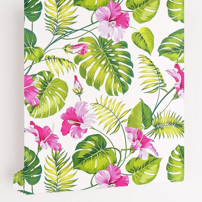 TROPICAL PALM LEAF PEEL AND STICK WALLPAPER 177 X 68FT REMOVABLE WHITE GREEN PINK CONTACT PAPER DECORATIVE SELF ADHESIVE FLORAL WALLPAPER FOR BEDROOM WALLS SHELF DRAWER LINER NIGHTSTAND