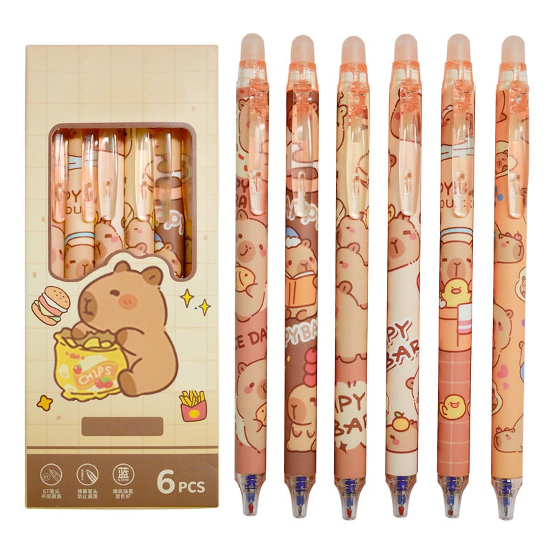 Rexinc 6PCs Capybara Erasable Ballpens, Cute Animal Cartoon Capibara Back to School Gifts Supplies Stationery Set, 0.5mm Blue Ink Kapibara Pens Office Kids Students Girls Boys Party Birthday Favors - Image 1