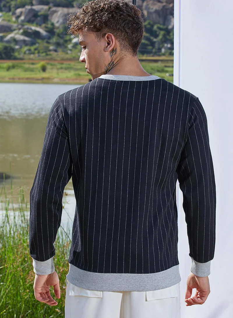Campus Sutra Men's Navy Blue Pinstriped Jacket With Contrast Hem For Casual Wear | Low-High Neck | Long Sleeve | Zipper Closure | Cotton Jacket Crafted With Comfort Fit For Everyday Wear