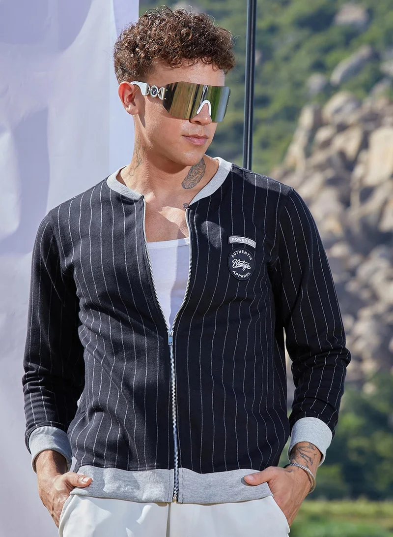 Men's Navy Blue Pinstriped Jacket With Contrast Hem For Casual Wear | Low-High Neck | Long Sleeve | Zipper Closure | Cotton Jacket Crafted With Comfort Fit For Everyday Wear