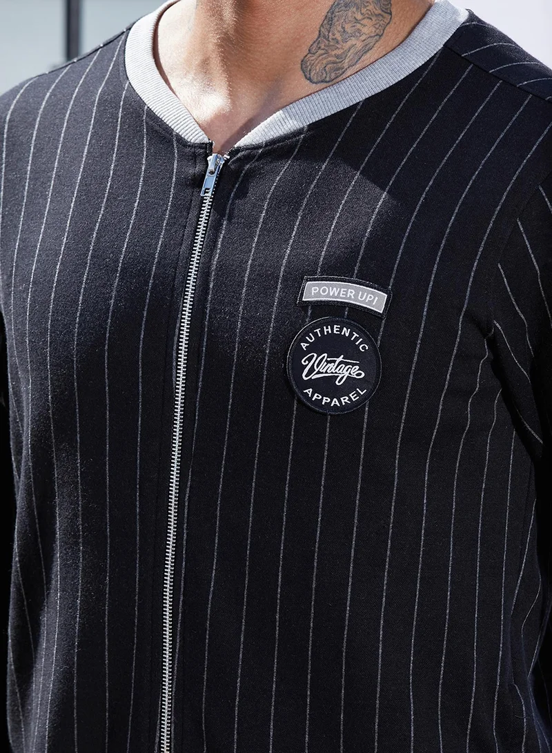 Campus Sutra Men's Navy Blue Pinstriped Jacket With Contrast Hem For Casual Wear | Low-High Neck | Long Sleeve | Zipper Closure | Cotton Jacket Crafted With Comfort Fit For Everyday Wear