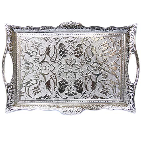 Alisveristime Ottoman Turkish Zamak Serving Tray with Traditional Motifs, Ideal for Coffee and Tea - Six Person Tray (14.5 x 9.85 in) (Silver) - Image 4