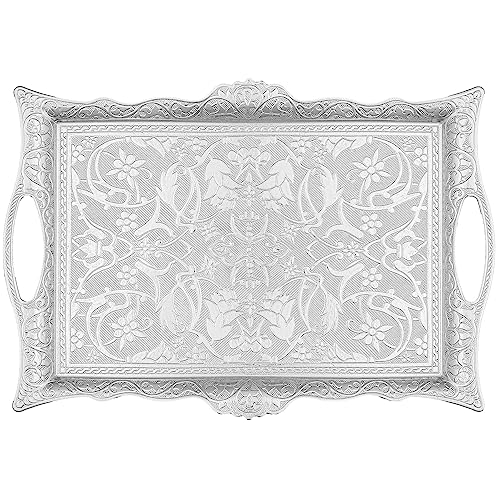 Alisveristime Ottoman Turkish Zamak Serving Tray with Traditional Motifs, Ideal for Coffee and Tea - Six Person Tray (14.5 x 9.85 in) (Silver) - Image 1