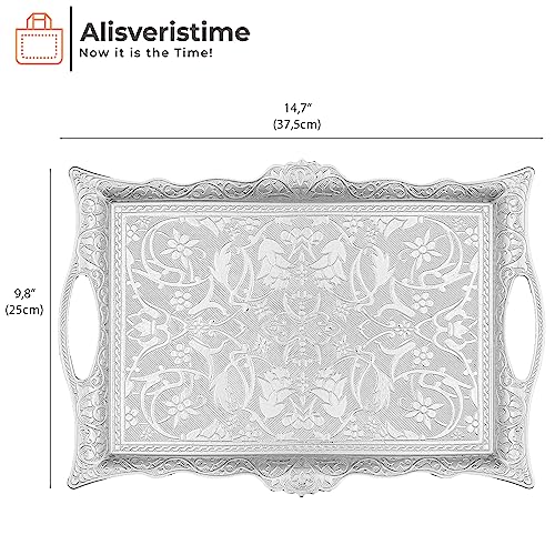 Alisveristime Ottoman Turkish Zamak Serving Tray with Traditional Motifs, Ideal for Coffee and Tea - Six Person Tray (14.5 x 9.85 in) (Silver) - Image 3