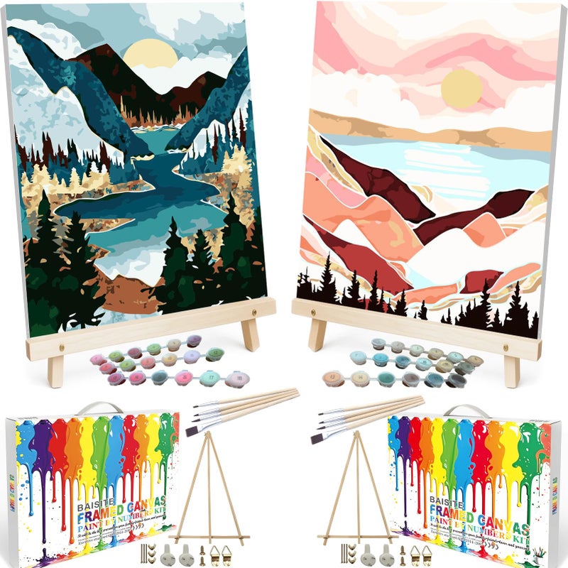 BAISITE Paint by Numbers Kit for Adults Beginners,12" Wx16 L 2 Pack Canvas for Painting Kits for Adults in Colorful Box 1112 Already Framed - Image 1