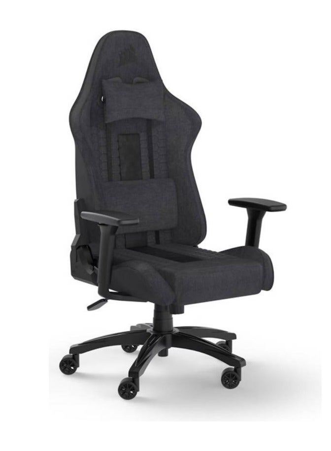 كورسير كرسي ألعاب مريح TC100 - مقعد ومسند ظهر من قماش ناعم، مساند ذراع ثنائية الأبعاد قابلة للتعديل، إمالة 90-160 درجة، وسائد قطنية ورقبة قابلة للتعديل، هيكل فولاذي، يتحمل وزنًا يصل إلى 264 رطلاً، عجلات 65 مم، رافعة غاز من الفئة 4، قفل إمالة، قماش أسود/رمادي | CF-9010052-WW - Image 1