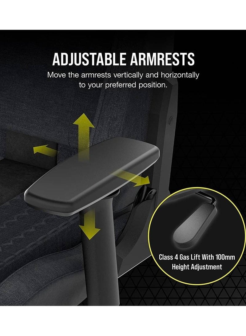 كورسير كرسي ألعاب مريح TC100 - مقعد ومسند ظهر من قماش ناعم، مساند ذراع ثنائية الأبعاد قابلة للتعديل، إمالة 90-160 درجة، وسائد قطنية ورقبة قابلة للتعديل، هيكل فولاذي، يتحمل وزنًا يصل إلى 264 رطلاً، عجلات 65 مم، رافعة غاز من الفئة 4، قفل إمالة، قماش أسود/رمادي | CF-9010052-WW - Image 3