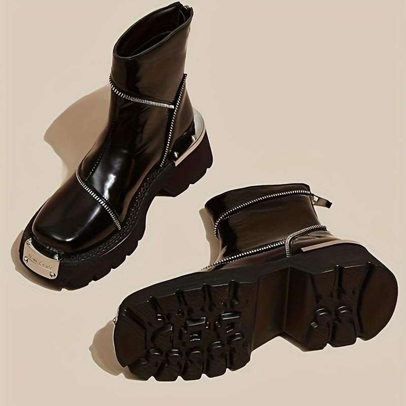 FmShi Chic Square-Toe Ankle Boots - Versatile Zip-Up Design with Solid Black Platform Heel (BLACK,8,8) - Image 3