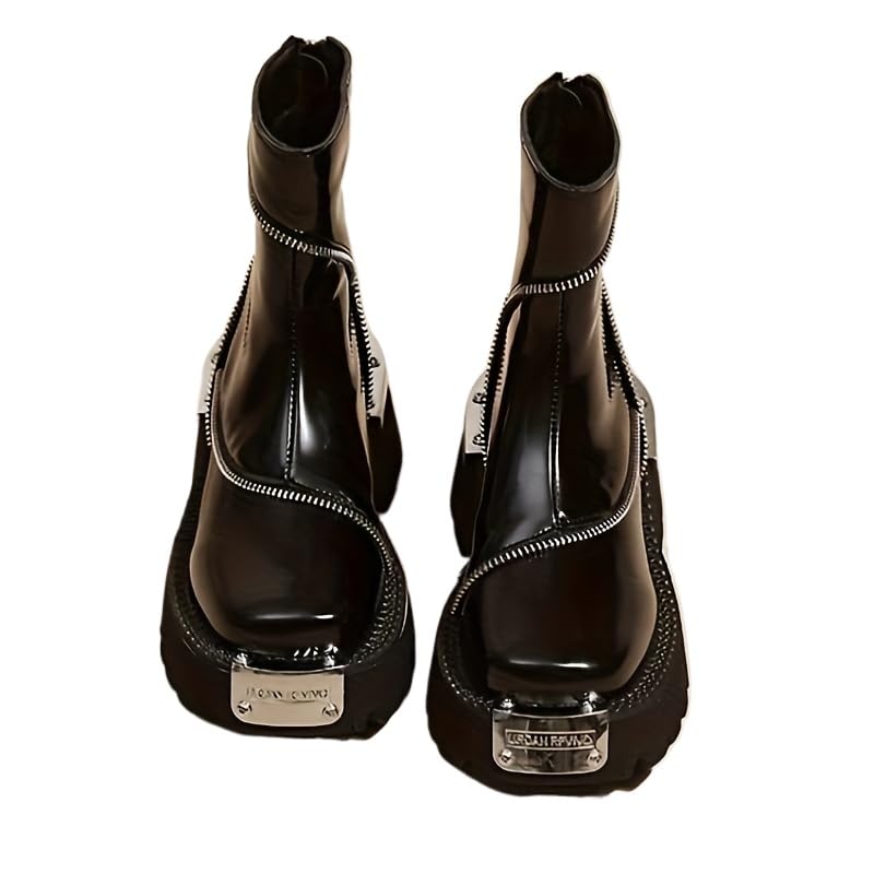 FmShi Chic Square-Toe Ankle Boots - Versatile Zip-Up Design with Solid Black Platform Heel (BLACK,8,8) - Image 1