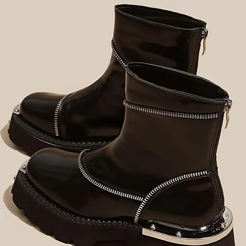 FmShi Chic Square-Toe Ankle Boots - Versatile Zip-Up Design with Solid Black Platform Heel (BLACK,8,8) - Image 4