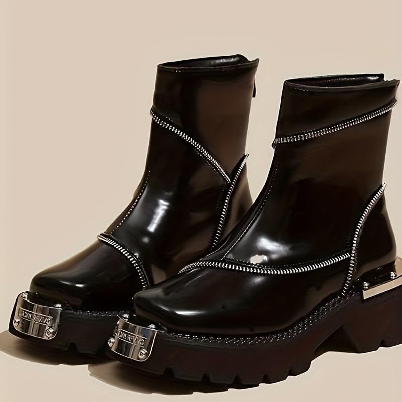 FmShi Chic Square-Toe Ankle Boots - Versatile Zip-Up Design with Solid Black Platform Heel (BLACK,8,8) - Image 5