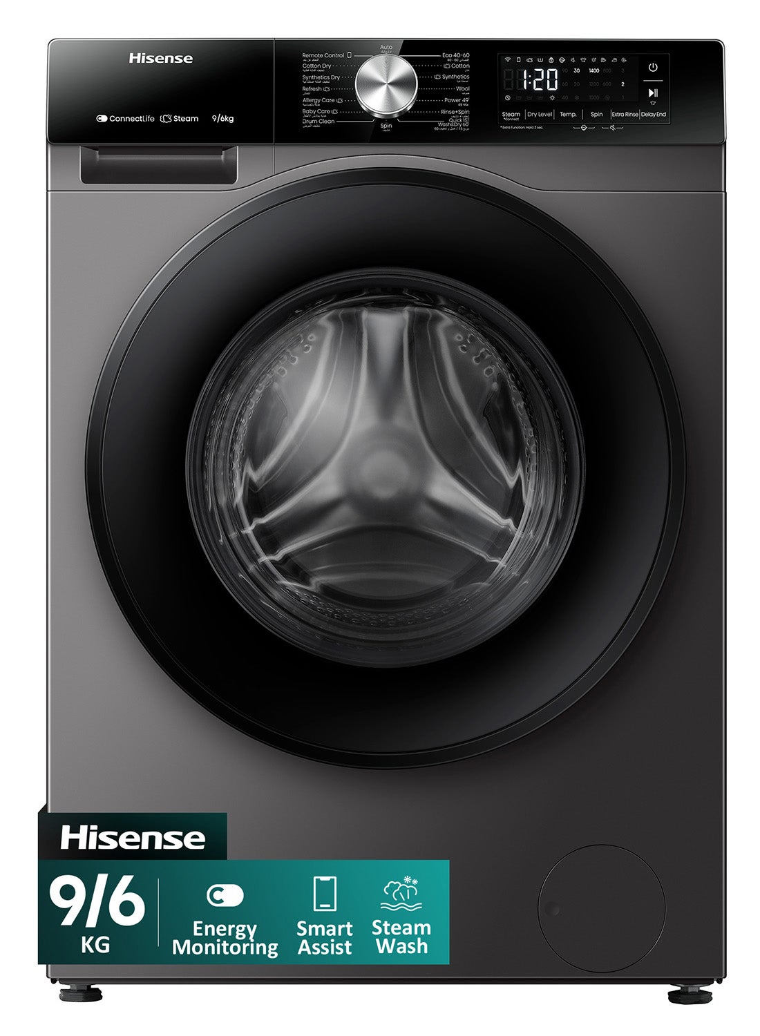 9/6KG Front Loading Wash & Dryer WD3S9043BT, Energy Monitorning, Smart Assist, Steam Wash, Auto Wash, Big LED Display, Wash&Dry 60', Jet Wash, Quick Wash+, Hygiene Guard WD3S9043BT Titanium Gray