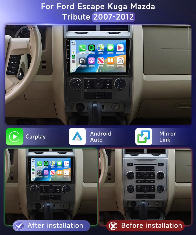 MAHVEC 4G+64G Car Radio Stereo for Ford Escape Kuga Mazda Tribute 2007-2012, 9" IPS Touch Screen/Android 15/Wireless CarPlay/Android Auto/DSP 32 EQ/GPS/WiFi/5.0Bluetooth/FM/RDS/SWC/AHD Backup Camera - Image 2