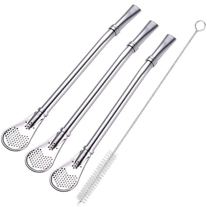 YERBA MATE BOMBILLA GOURD DRINKING FILTER STRAWS 304 FOODGRADE STAINLESS STEEL 61 INCH LONG SPOON BOMBILLAS STRAWS FOR MATE TEA SET OF 3 WITH CLEANING BRUSH SILVER