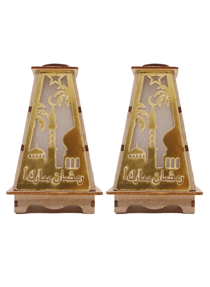 يوويل 2 قطعة فانوس رمضان خشبي رمضان مبارك ديكور ضوء فانوس ديكور العيد مصباح للاستخدام الداخلي والخارجي ديكور ضوء رمضان 13X8.5 سم  - Image 1