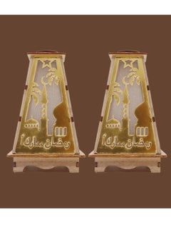 يوويل 2 قطعة فانوس رمضان خشبي رمضان مبارك ديكور ضوء فانوس ديكور العيد مصباح للاستخدام الداخلي والخارجي ديكور ضوء رمضان 13X8.5 سم  - Image 2