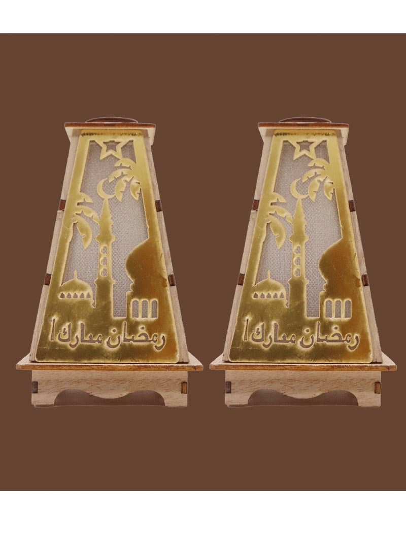 يوويل 2 قطعة فانوس رمضان خشبي رمضان مبارك ديكور ضوء فانوس ديكور العيد مصباح للاستخدام الداخلي والخارجي ديكور ضوء رمضان 13X8.5 سم  - Image 2