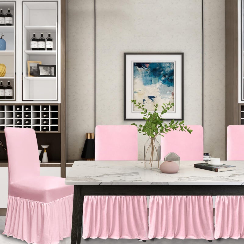 molasofa Chair Covers for Dining Room Set of 6 Stretch Chair Slipcovers with Skirt for Kitchen Seat Protectors Wedding Banquet Decor Kids Pets Spandex Fabric Washable (6pcs, Pink) - Image 2