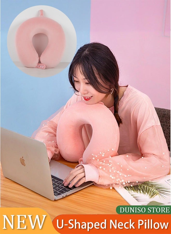 إسكدنيا Travel Neck Pillow, Memory Foam Neck Pillow Support Pillow, Sleeping Rest Cushion Ideal for Airplanes, Cars, and Home Recliners, Adjustable and Soft (Pink) - Image 1